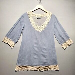 Theme 100% Linen Crochet Boho Tunic Top Womens M Blue Grey Boho Indie Festival